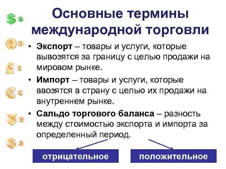 Основные термины международной торговли • Экспорт – товары и услуги, которые вывозятся за границу