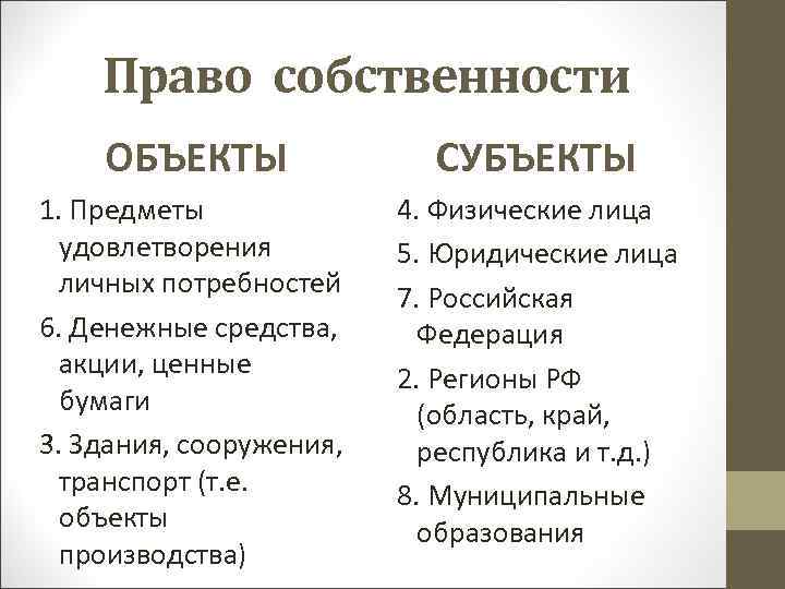 Право собственности ОБЪЕКТЫ СУБЪЕКТЫ 1. Предметы удовлетворения личных потребностей 6. Денежные средства, акции, ценные