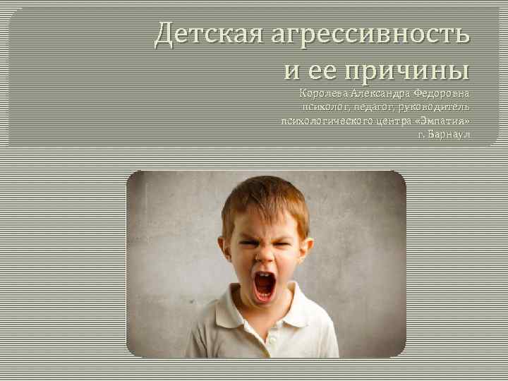 Детская агрессивность и ее причины Королева Александра Федоровна психолог, педагог, руководитель психологического центра «Эмпатия»