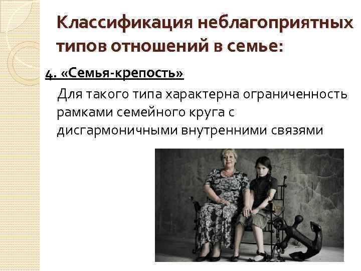 Классификация неблагоприятных типов отношений в семье: 4. «Семья-крепость» Для такого типа характерна ограниченность рамками