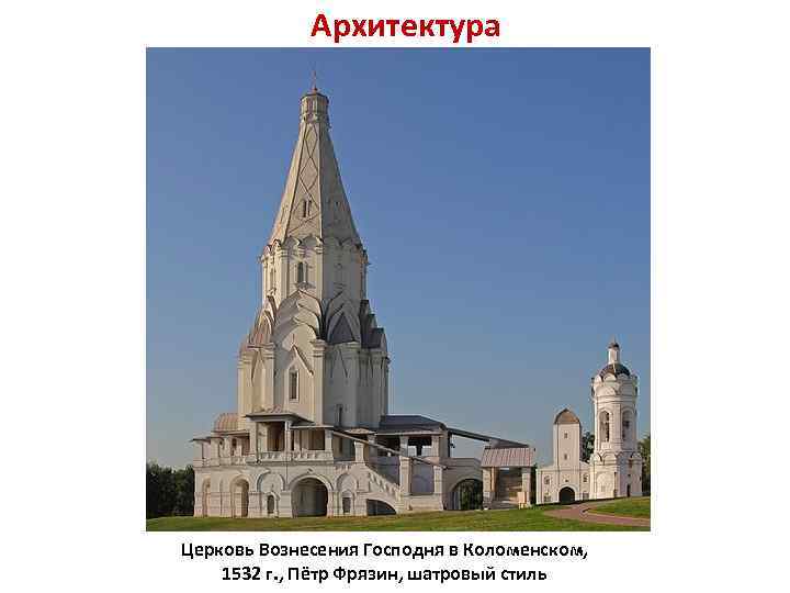 Архитектура Церковь Вознесения Господня в Коломенском, 1532 г. , Пётр Фрязин, шатровый стиль 