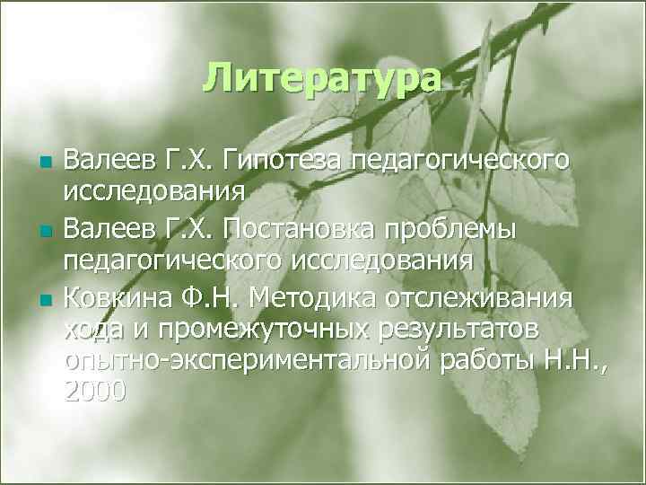 Литература n n n Валеев Г. Х. Гипотеза педагогического исследования Валеев Г. Х. Постановка