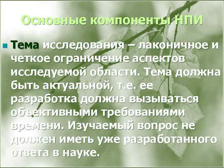 Основные компоненты НПИ n Тема исследования – лаконичное и четкое ограничение аспектов исследуемой области.