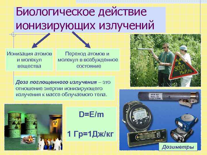 Биологическое действие ионизирующих излучений Ионизация атомов и молекул вещества Переход атомов и молекул в