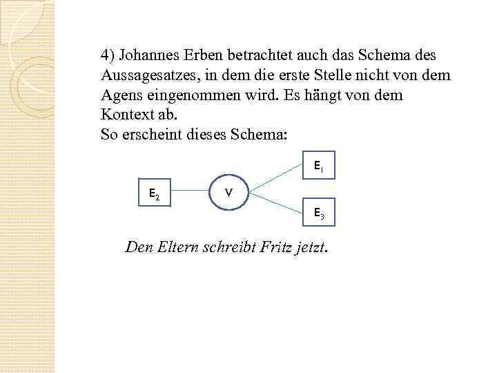 4) Johannes Erben betrachtet auch das Schema des Aussagesatzes, in dem die erste Stelle