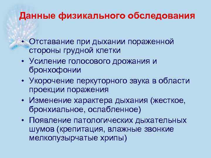 Данные физикального обследования • Отставание при дыхании пораженной стороны грудной клетки • Усиление голосового