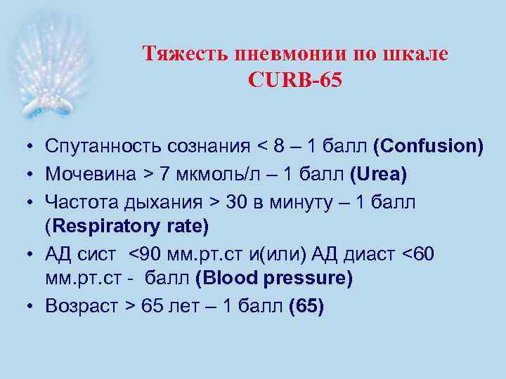 Тяжесть пневмонии по шкале CURB-65 • Спутанность сознания < 8 – 1 балл (Confusion)