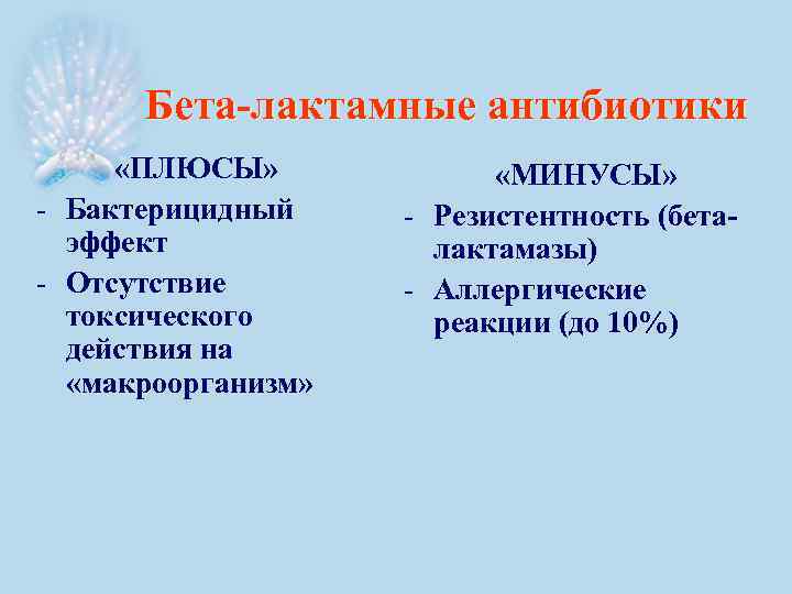 Бета-лактамные антибиотики «ПЛЮСЫ» - Бактерицидный эффект - Отсутствие токсического действия на «макроорганизм» «МИНУСЫ» -