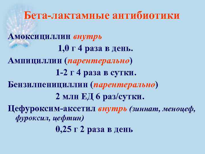 Бета-лактамные антибиотики Амоксициллин внутрь 1, 0 г 4 раза в день. Ампициллин (парентерально) 1