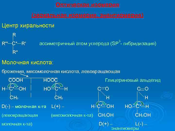 Оптическая изомерия (зеркальная изомерия, энантиомерия) Центр хиральности R R''' C* R' 3 ассиметричный атом