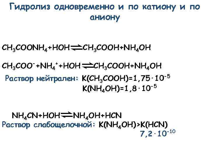 Ацетат аммония реакции ионного обмена. Константа гидролиза ch3coonh4. Гидролиз ацетата аммония. Ch3coonh4 Тип гидролиза. Реакция гидролиза ацетата аммония.