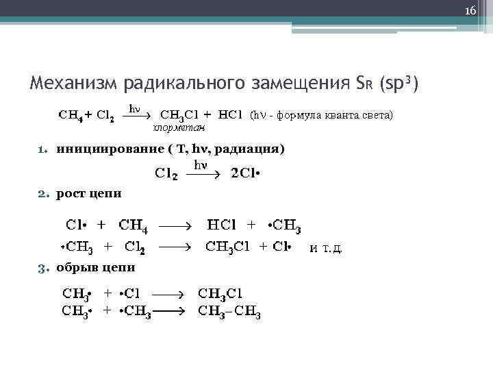 16 Механизм радикального замещения SR (sp³) 1. инициирование ( T, hν, радиация) 2. рост