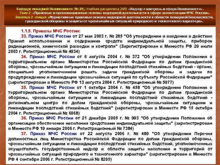Кафедра пожарной безопасности (№ 24). Учебная дисциплина 24/9: «Надзор и контроль в сфере безопасности»