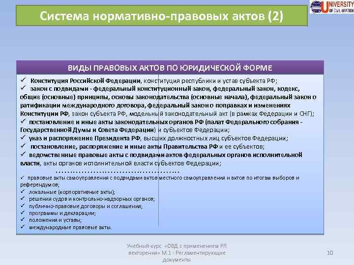 Система нормативно-правовых актов (2) ВИДЫ ПРАВОВЫХ АКТОВ ПО ЮРИДИЧЕСКОЙ ФОРМЕ ü Конституция Российской Федерации,