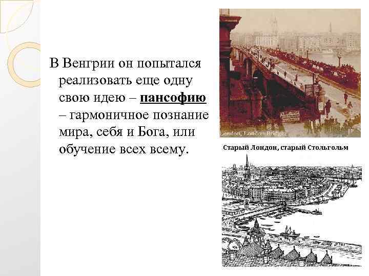  В Венгрии он попытался реализовать еще одну свою идею – пансофию – гармоничное