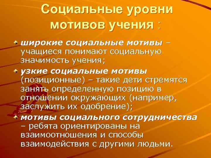 Социальные уровни мотивов учения : широкие социальные мотивы – учащиеся понимают социальную значимость учения;