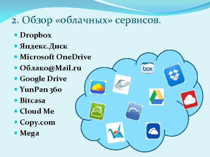 2. Обзор «облачных» сервисов. Dropbox Яндекс. Диск Microsoft One. Drive Облако@Mail. ru Google Drive