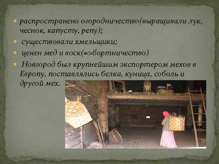  распространено огородничество(выращивали лук, чеснок, капусту, репу); существовали хмельщики; ценен мед и воск(=>бортничество) Новгород