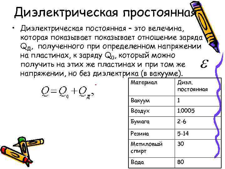 Диэлектрическая простоянная • Диэлектрическая постоянная – это велечина, которая показывает отношение заряда QД, полученного