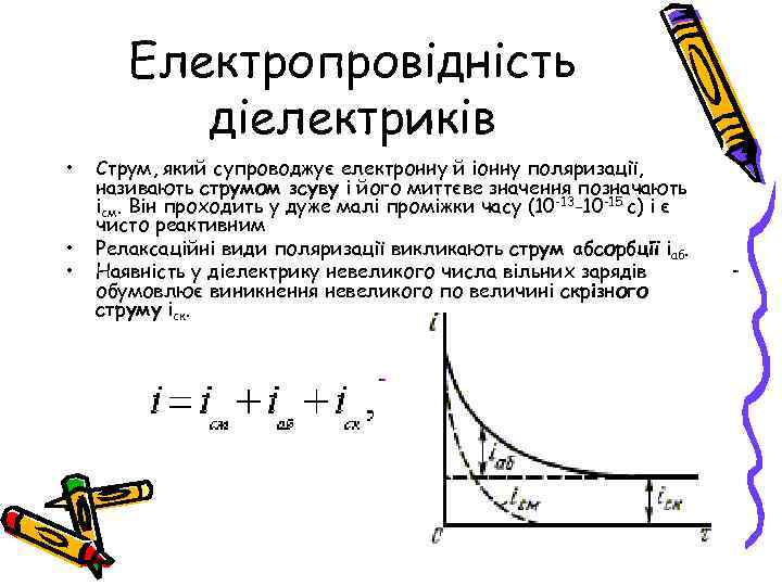 Електропровідність діелектриків • • • Струм, який супроводжує електронну й іонну поляризації, називають струмом