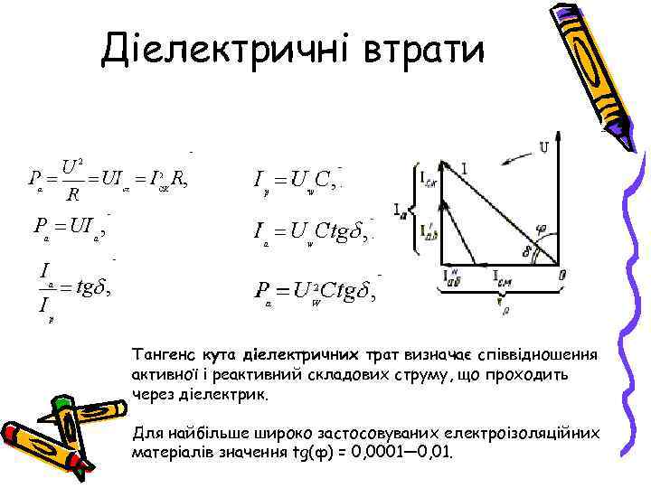 Діелектричні втрати Тангенс кута діелектричних трат визначає співвідношення активної і реактивний складових струму, що