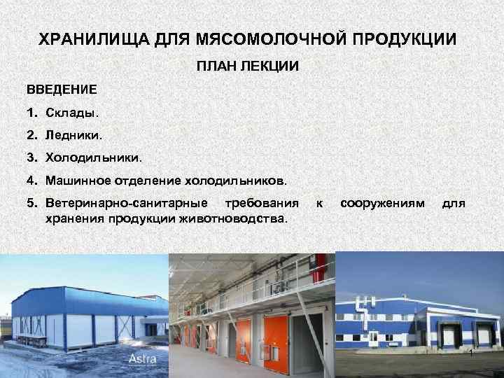 ХРАНИЛИЩА ДЛЯ МЯСОМОЛОЧНОЙ ПРОДУКЦИИ ПЛАН ЛЕКЦИИ ВВЕДЕНИЕ 1. Склады. 2. Ледники. 3. Холодильники. 4.