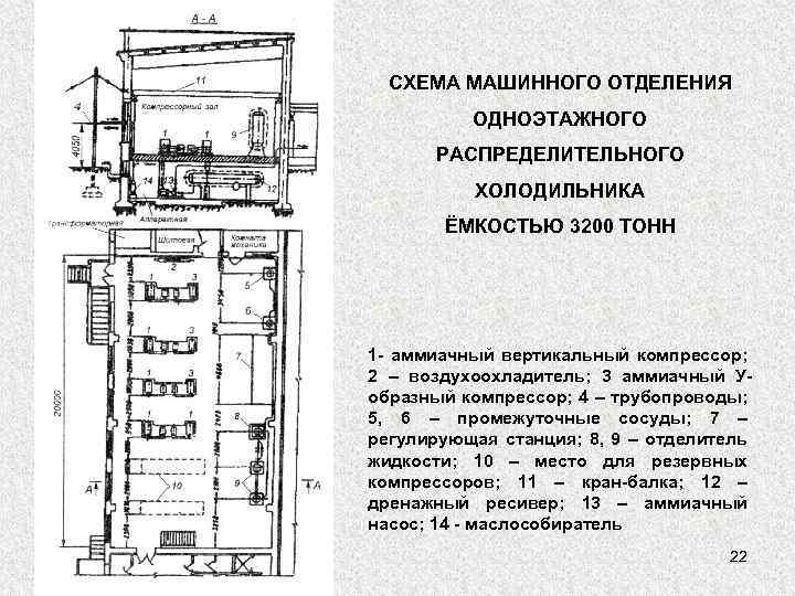 СХЕМА МАШИННОГО ОТДЕЛЕНИЯ ОДНОЭТАЖНОГО РАСПРЕДЕЛИТЕЛЬНОГО ХОЛОДИЛЬНИКА ЁМКОСТЬЮ 3200 ТОНН 1 - аммиачный вертикальный компрессор;