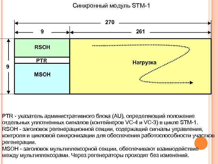 Синхронный модуль STM-1 PTR - указатель административного блока (AU), определяющий положение отдельных уплотненных сигналов
