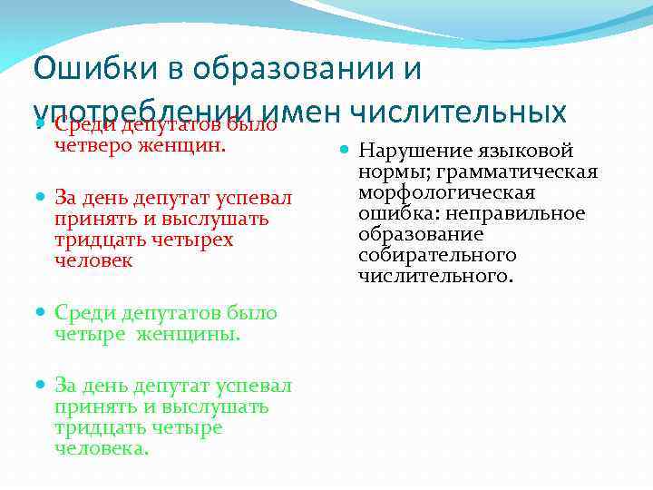 Ошибки в образовании и употреблении имен числительных Среди депутатов было четверо женщин. За день