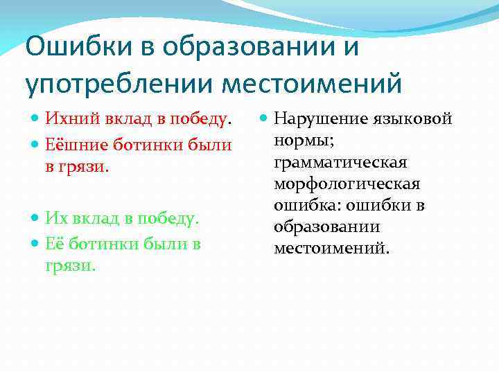 Ошибки в образовании и употреблении местоимений Ихний вклад в победу. Еёшние ботинки были в