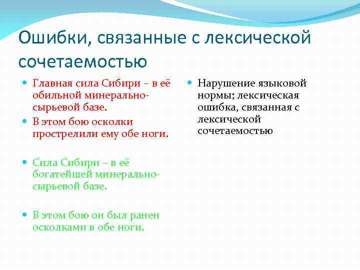 Ошибки, связанные с лексической сочетаемостью Главная сила Сибири – в её обильной минеральносырьевой базе.