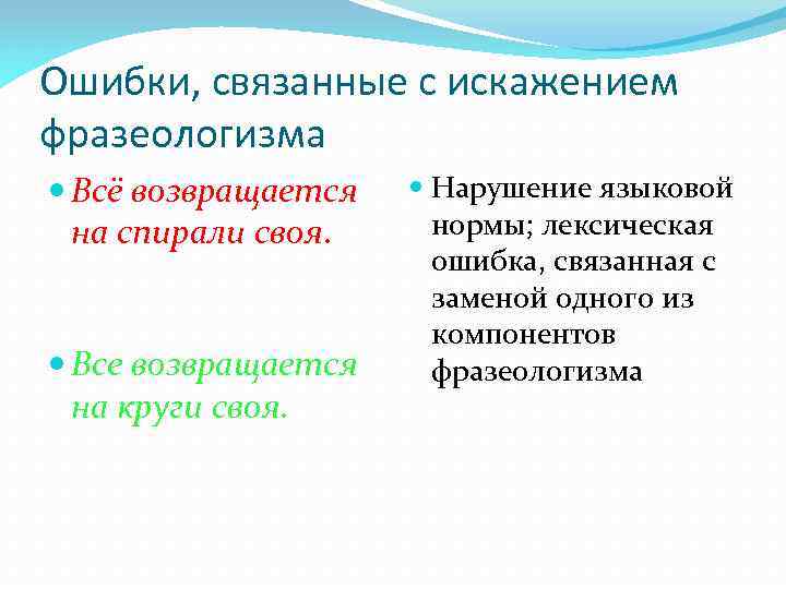 Ошибки, связанные с искажением фразеологизма Всё возвращается на спирали своя. Все возвращается на круги