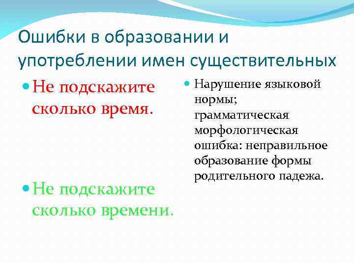 Ошибки в образовании и употреблении имен существительных Не подскажите сколько время. Не подскажите сколько