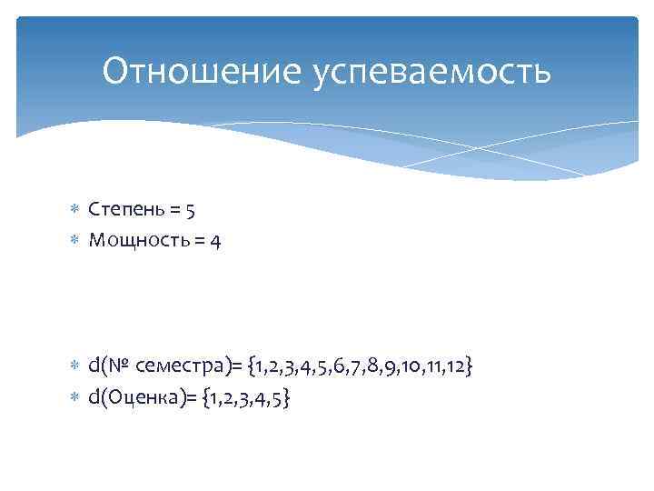 Отношение успеваемость Степень = 5 Мощность = 4 d(№ семестра)= {1, 2, 3, 4,