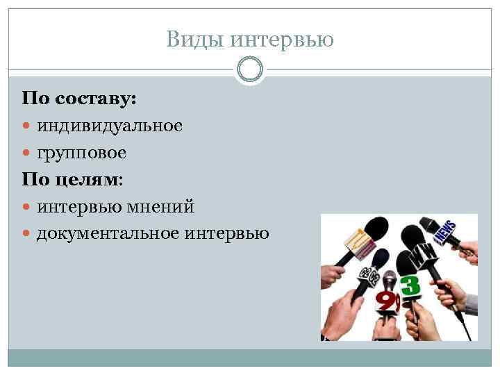 Виды интервью По составу: индивидуальное групповое По целям: интервью мнений документальное интервью 