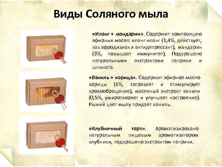 Виды Соляного мыла «Иланг + мандарин» . Содержит композицию эфирных масел: иланг-иланг (1, 4%,