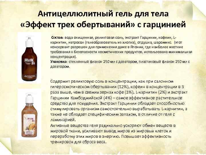 Антицеллюлитный гель для тела «Эффект трех обертываний» с гарцинией Состав: вода очищенная, реликтовая соль,