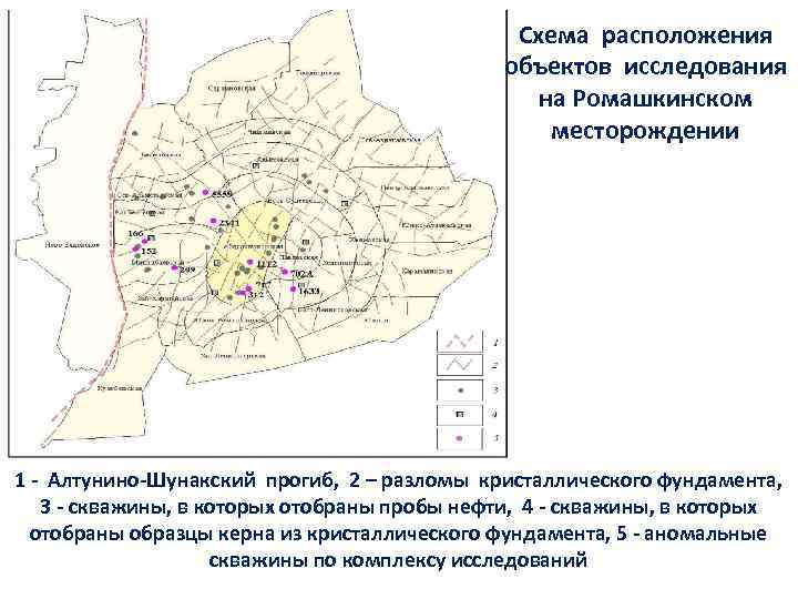 Схема расположения объектов исследования на Ромашкинском месторождении 1 - Алтунино-Шунакский прогиб, 2 – разломы