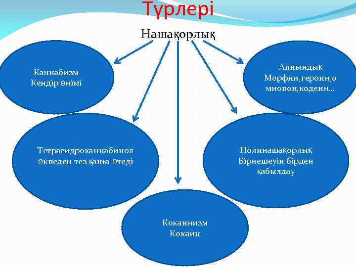 Түрлері Нашақорлық Апиындық Морфин, героин, о мнопон, кодеин. . . Каннабизм Кендір өнімі Полинашақорлық