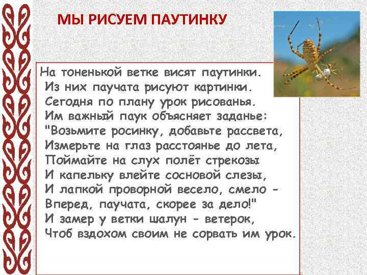 МЫ РИСУЕМ ПАУТИНКУ На тоненькой ветке висят паутинки. Из них паучата рисуют картинки. Сегодня