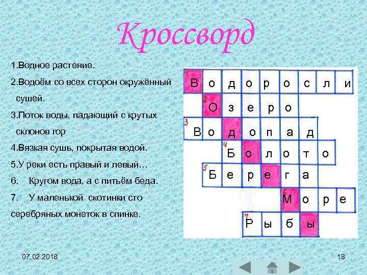 Кроссворд 1. Водное растение. 2. Водоём со всех сторон окружённый сушей. 3. Поток воды,