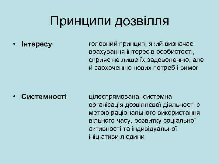 Принципи дозвілля • Інтересу головний принцип, який визначає врахування інтересів особистості, сприяє не лише