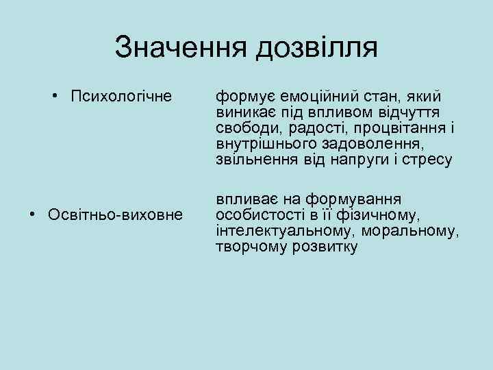 Значення дозвілля • Психологічне • Освітньо виховне формує емоційний стан, який виникає під впливом