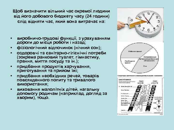 Щоб визначити вільний час окремої людини від його добового бюджету часу (24 години) слід