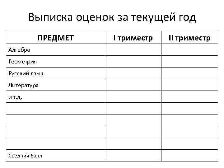 Выписка оценок за текущей год ПРЕДМЕТ Алгебра Геометрия Русский язык Литература и т. д.