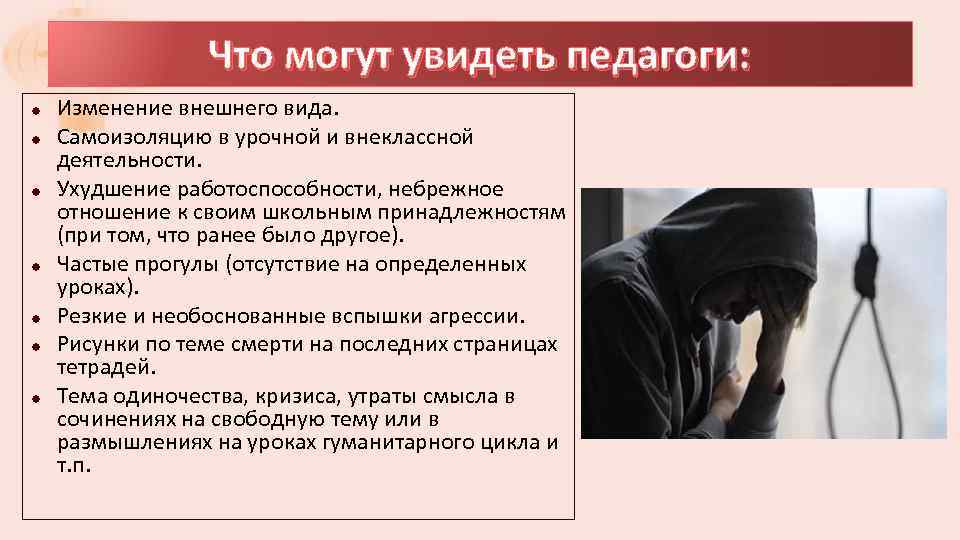 Что могут увидеть педагоги: Изменение внешнего вида. Самоизоляцию в урочной и внеклассной деятельности. Ухудшение