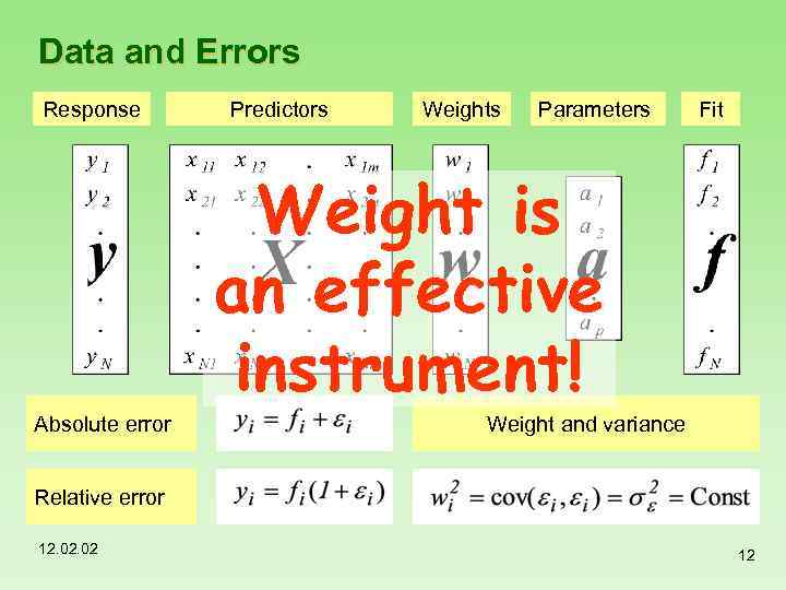 Data and Errors Response Predictors Weights Parameters Fit Weight is an effective instrument! Absolute