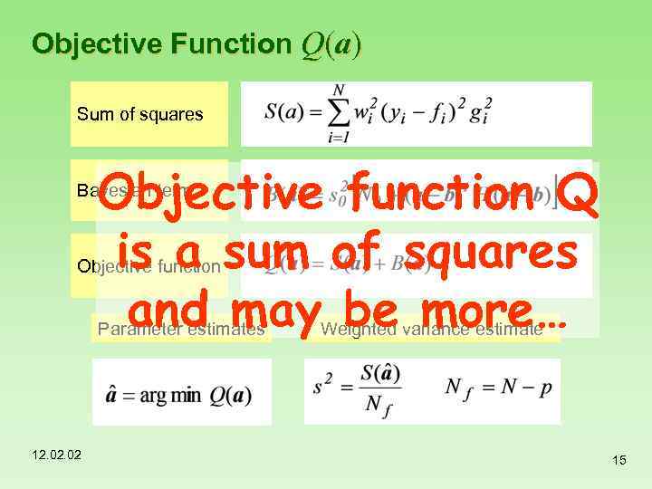 Objective Function Q(a) Sum of squares Objective function Q is a sum of squares