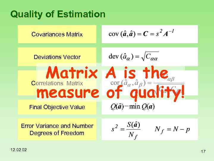 Quality of Estimation Covariances Matrix Deviations Vector Matrix A is the measure of quality!