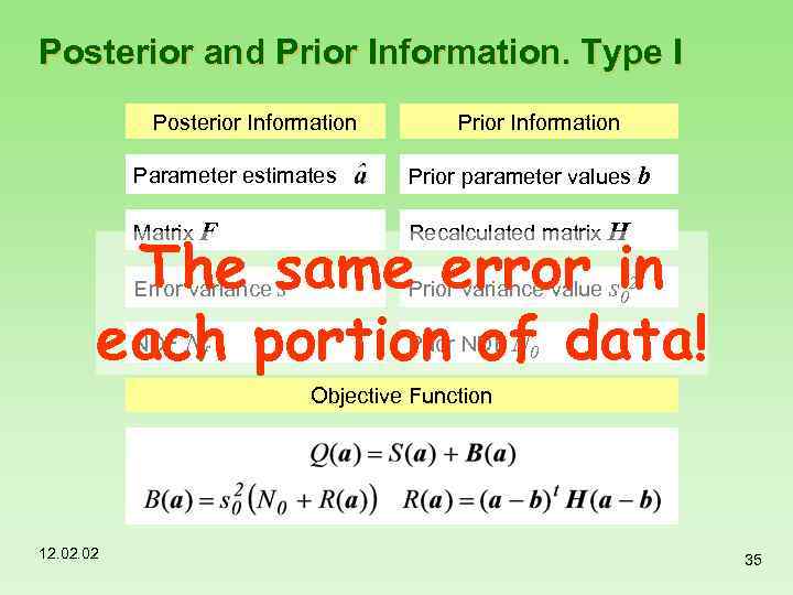Posterior and Prior Information. Type I Posterior Information Parameter estimates Prior parameter values b